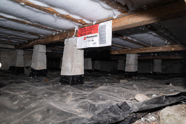 A crawl space underneath a house showing concrete foundation piles.