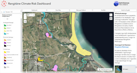 A screenshot of a satellite map showing flood mapping along the coastline.