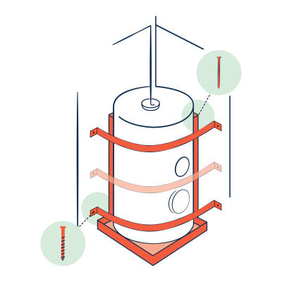 Hot water cylinder with strapping across the front.