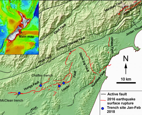 Map of the faults near Kaikōura being investigated by the team