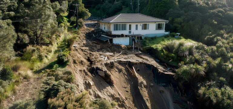 A house teetering on the edge of a landslide
