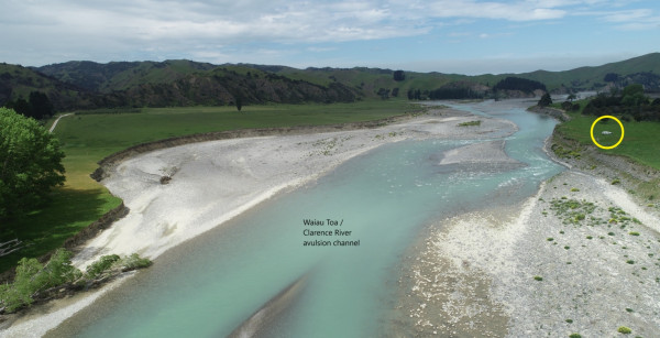 Aerial image of a river, specifcally the Papatea fault rupture in 2016.