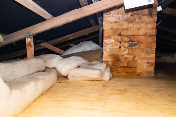 An attic showing plywood sheets underneath a brick chimney.