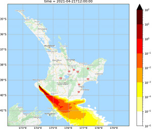 A map of the North Island showing the hypothetical eruption of Mt Taranaki