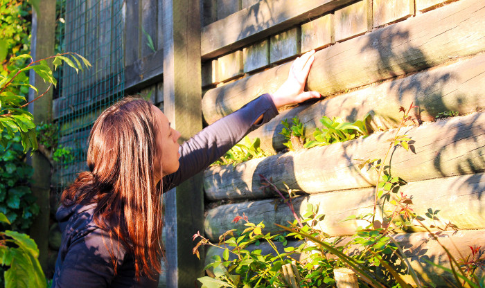 Person checks retaining wall for signs of damage