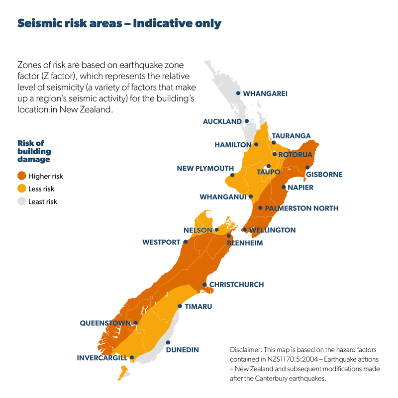 Map showing the areas of New Zealand that are seismically at risk