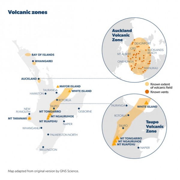 Map showing the Taupo and Auckland Volcanic Zones